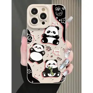 Panda Cartoon Painting Beige Simple Anti-Drop Thick Phone Protective Case, Printed Suitable For IPhone 16/16Pro/16ProMax/16Plus/15XR/7/8 Iphone15ProMax/12ProMax/13ProMax/14ProMax 13 14 11 12P14 11P 12P