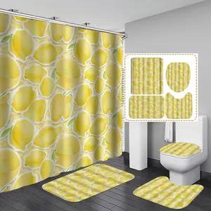 1/3/4PCS Watercolor style lemon themed pattern Shower Curtain Set with Rugs, Non Slip Bath Mat, U-Shape Carpet, Toilet Lid Cover, Polyester Fabric Bathtub Curtain Accessories, 12 Hooks, Home Bathroom Festival Decor