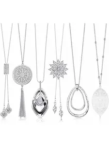 6Pcs Long Pendant Necklaces for Women Long Sweater Necklaces Silver Flower Tassel Disk Circle Leaf Statement Sweater Chain Stainless Steel Necklace for Women Y Necklace Set Fashion Jewelry