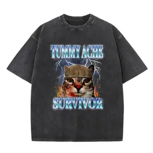 Vintage Retro "Tummy Ache Survivor" Military Cat Meme Graphic Tee, Black Acid Wash Oversized Crew Neck T-Shirt, Unisex Funny Cat Lover Gift for Friends & Meme Enthusiasts