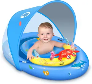 Baby Pool Float with Canopy UPF50+, 120°Adjustable Sun Protection and Anti-Tip Safety Seat, Inflatable Toddler Floaties Infant Pool Float with Animal Pool Toys, Baby Beach Essentials for 6-36M