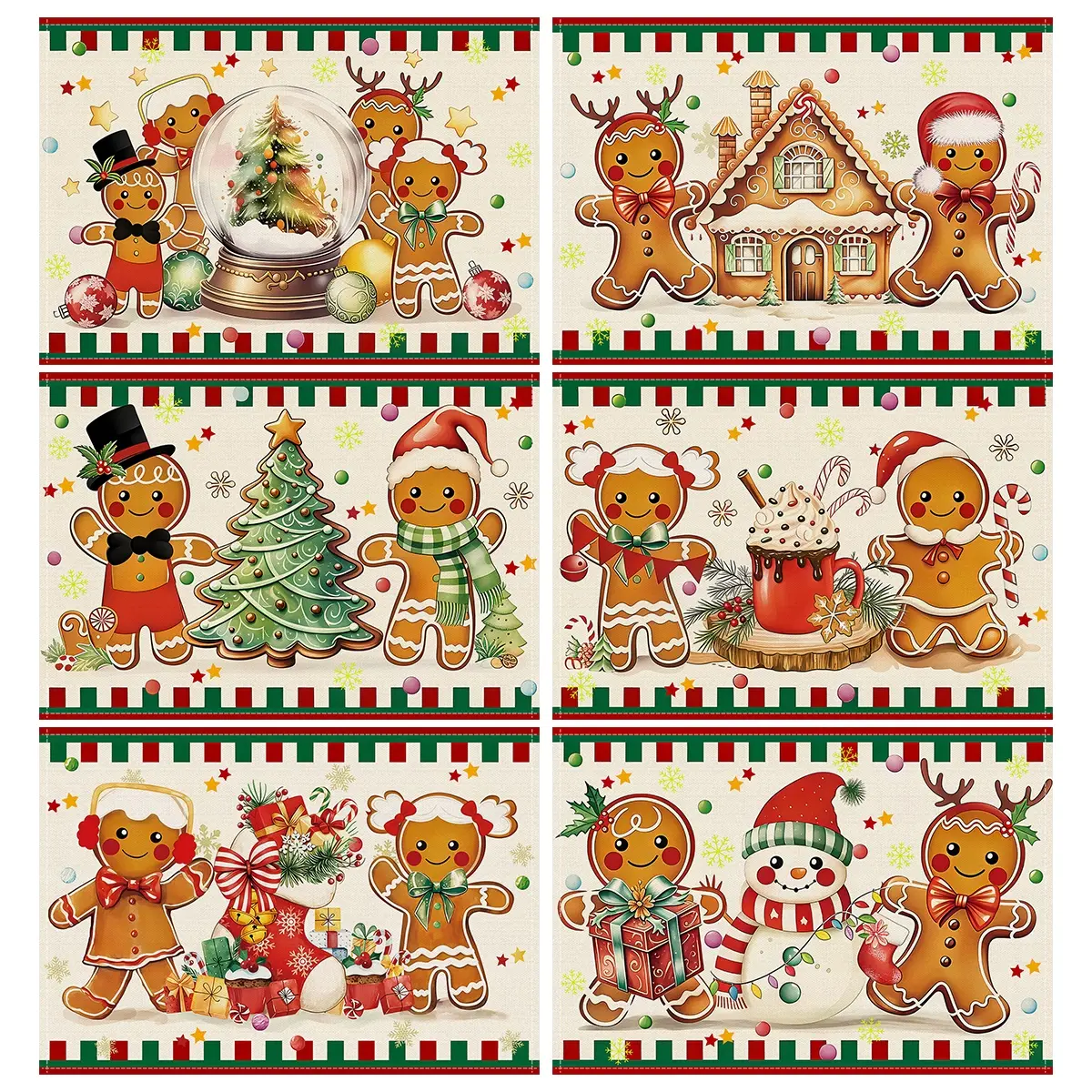 4/6pcs Christmas placemats, Christmas gingerbread man candy printed coasters, dining table anti slip insulation mats, colored lights Christmas tree snowman hot cocoa pattern plate mats, holiday decorations, Kitchen Decorative Placemat