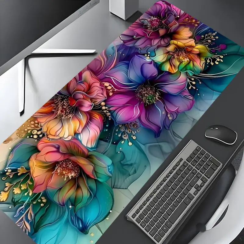 Floral Art, Floral Desk Mat, Large Gaming Mouse Pad, Desktop Decoration Drotection Pad, Washable Rubber Pad, Non-Slip Lock Edge, Multi-Size, Suitable For Home Office, Desktop Accessory, Office Gadgets, Desk Accessories