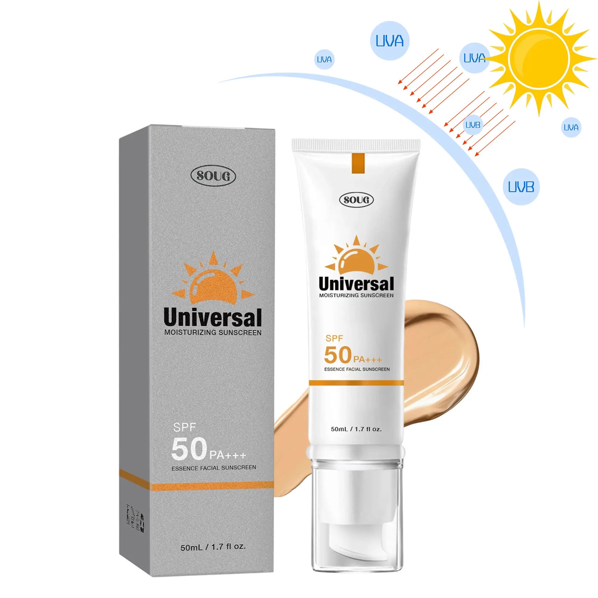 Sunscreen to prevent sunburn and tanning, Universal Tinted Face Moisturizer Sunscreen, SPF 50 PA+++,Water Resistant And Non-Greasy,For All Type Skin Facial Skincare