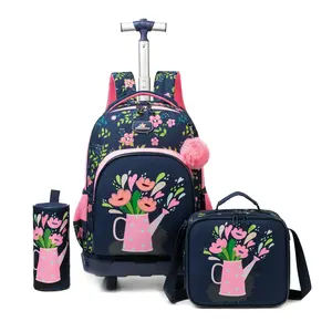 Rolling Backpack for Girls Kids Petals Trolley Suitcases Luggage with Wheels Bookbag Wheeled 3pcs Lunch Box Pencil Case for Preschool Students Elementary Teenagers Black Age 8-12