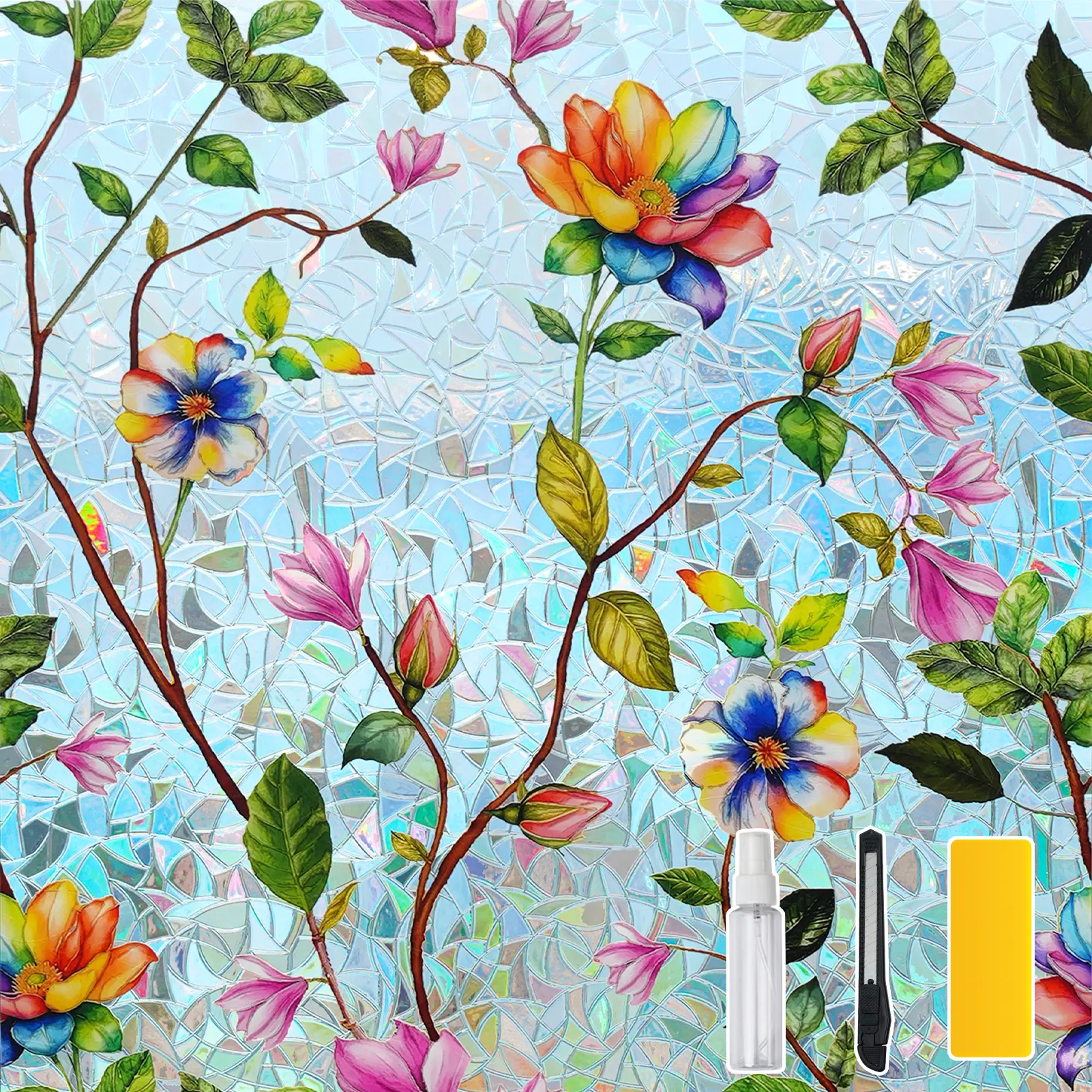 DKTIE Artistic Floral Durable PVC Stained Glass Privacy Window Stickers (17.7in x 78.7in), Rainbow Pattern, Light-Filtering, Anti-UV, Sun/Heat-Blocking, Easy-Install Electrostatic Cling, Easy-Remove, with Installation Tools for Outdoor Patio