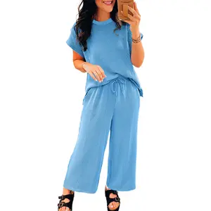 Mntaor Womens Solid Winteroutfit Corded Knit Short Sleeve T Shirt and Wide Leg Pants Set Two Piece Matching Outfits Set 2025 Casual Clothes women's 2 piece sets