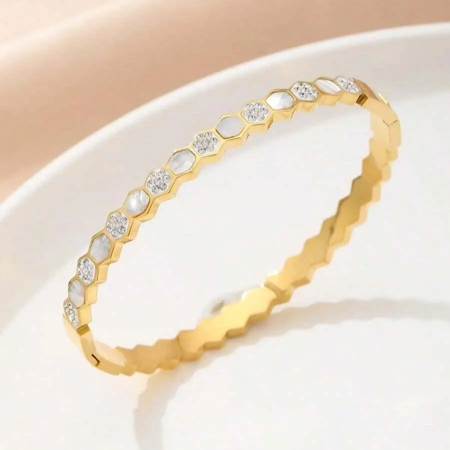 18K Gold Plated Honeycomb Hexagonal Bangle Bracelet
