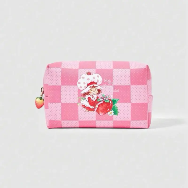 Strawberry Shortcake Picnic-Style Makeup Bag, Pink Checkered Design with Strawberry Charm and Character Illustrations