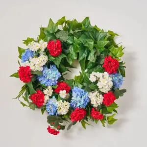 Independence Bouquet - Red Geranium, Blue Hydrangea & White Cherry Blossom with Real Touch Ivy Americana Summer Front Door Wreath