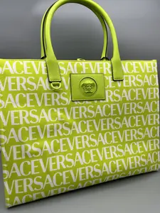 Pre-owned VERSACE Canvas tote bags All Over Logo Tote Neon Green with White Logo Pattern Fashion Handbag
