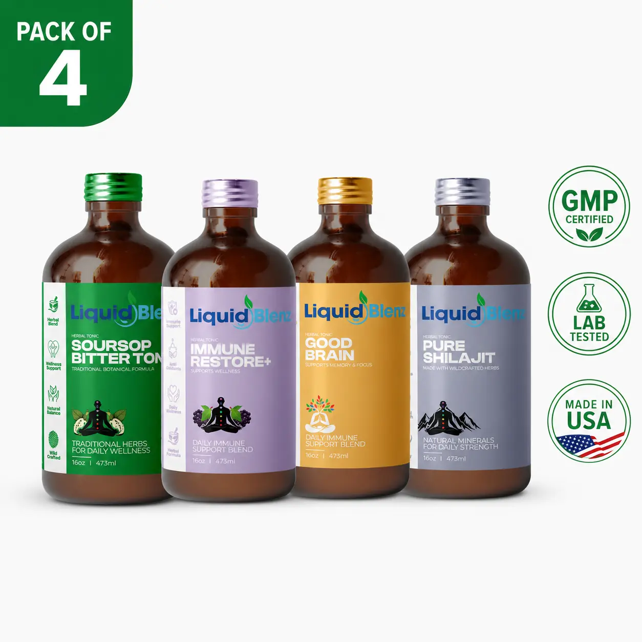 Vitality Stack Soursop, Elderberry, Brain & Shilajit Herbal Tonic Bundle | 4-Bottle Liquid Set — Soursop Leaf, Elderberry, Moringa, Turmeric & Shilajit | Non-GMO, Vegan, USA-Made (4x 16 fl oz)