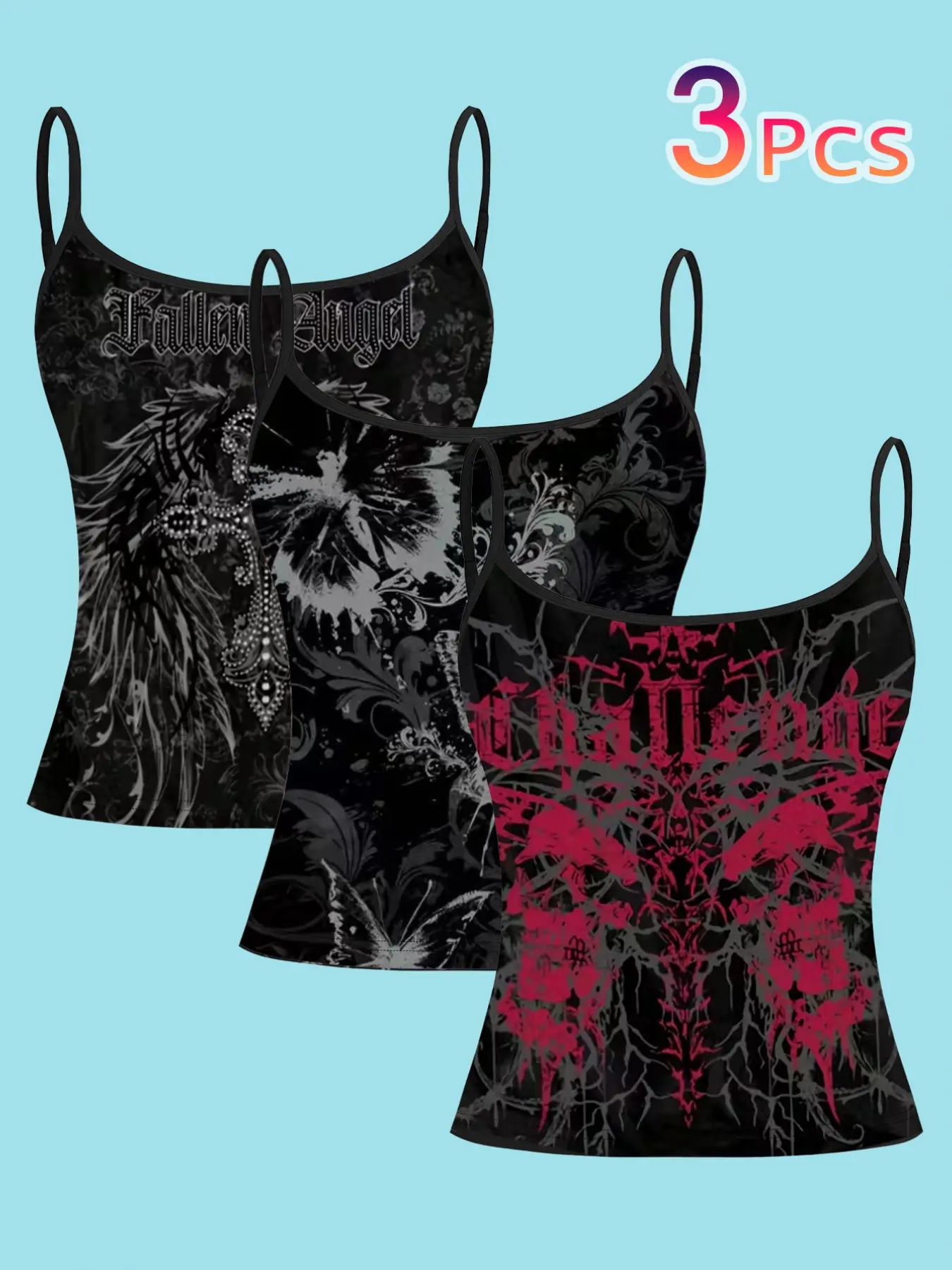 3-Piece Gothic Strapless Top Set, Fallen Angel Butterfly Thorn Design, Slim-Fit Summer Tank Tops, Unique Casual Fashion Sleeveless Women's Clothing