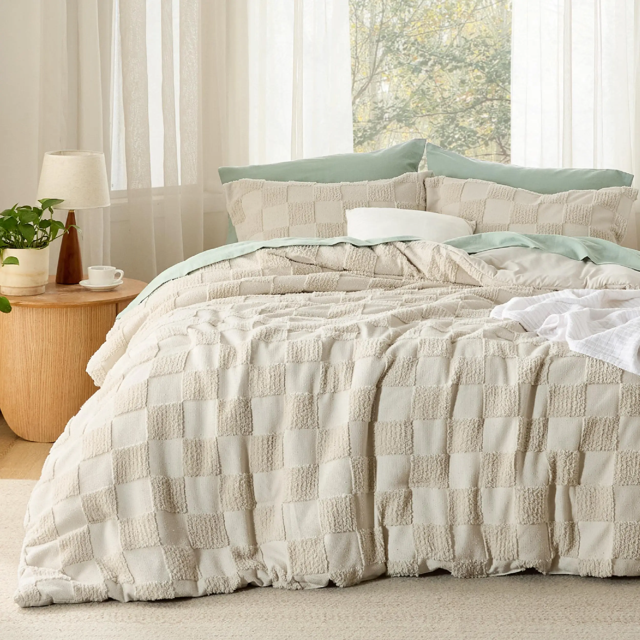 【Fall Deals For You】Bedsure King Size Comforter Set , Boho Tufted Bed Set, Checkered Farmhouse Shabby Chic Bedding, 3 Pieces, 1 Plaid Geometric Comfor