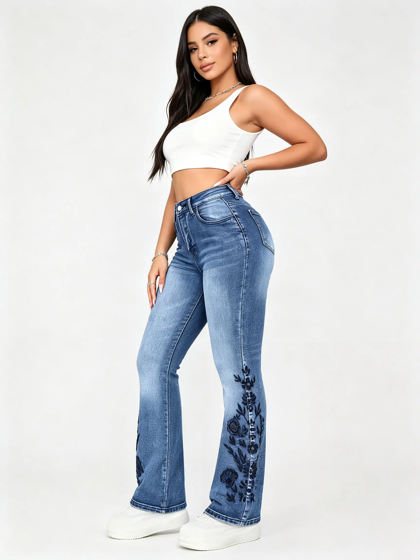 Women's High-Rise Floral Embroidered Flare Denim Jeans - Medium Blue Wash, Cotton Clothes Bottom for All Seasons