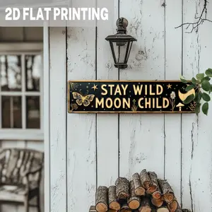 1PC 2D Flat "Wild Moon Children" Metal Wall Decor, Vintage Plaque Decor - Vintage Bohemian Style Sign, Includes Moon, Stars Patterns - Farmhouse Style Home Decor - Metal Hanging Board for Indoor and Outdoor Use, Pre-Drilled, Rustic Design