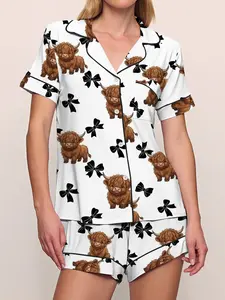 Women's Two-Piece Sleepwear Set, Highland Cow Bow Pattern, Short Sleeve Top with Button Closure, Elastic Waist Shorts, All-Season Comfort, Pajama Set