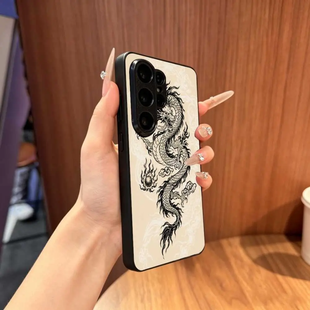 Compatible with  S21/S22/S23/S24/S25/S26 Pro/Plus/Ultra/FE/Edge Series Beige Line Art Dragon Heat Transfer Print Phone Case, Aluminum Plate Back Panel Protective Cover HNN-03349