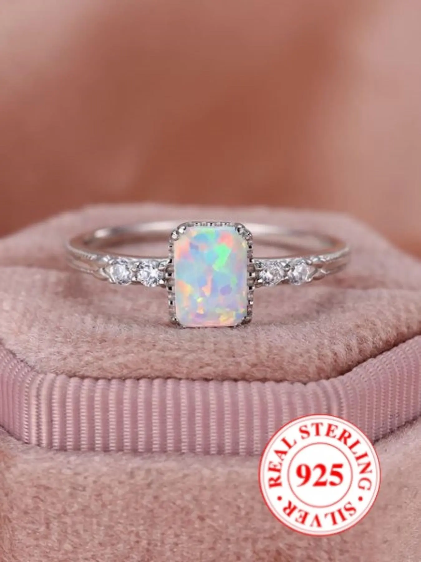 S925 Sterling Silver Fashion Rectangle Shaped Artificial Opal Ring, with Box, Simple Ring for Women, Trendy All-match & Exquisite Jewelry Rings for Birthday Gift, Elegant Casual Ring