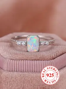 S925 Sterling Silver Fashion Rectangle Shaped Artificial Opal Ring, with Box, Simple Ring for Women, Trendy All-match & Exquisite Jewelry for Birthday Gift, Elegant Casual Ring