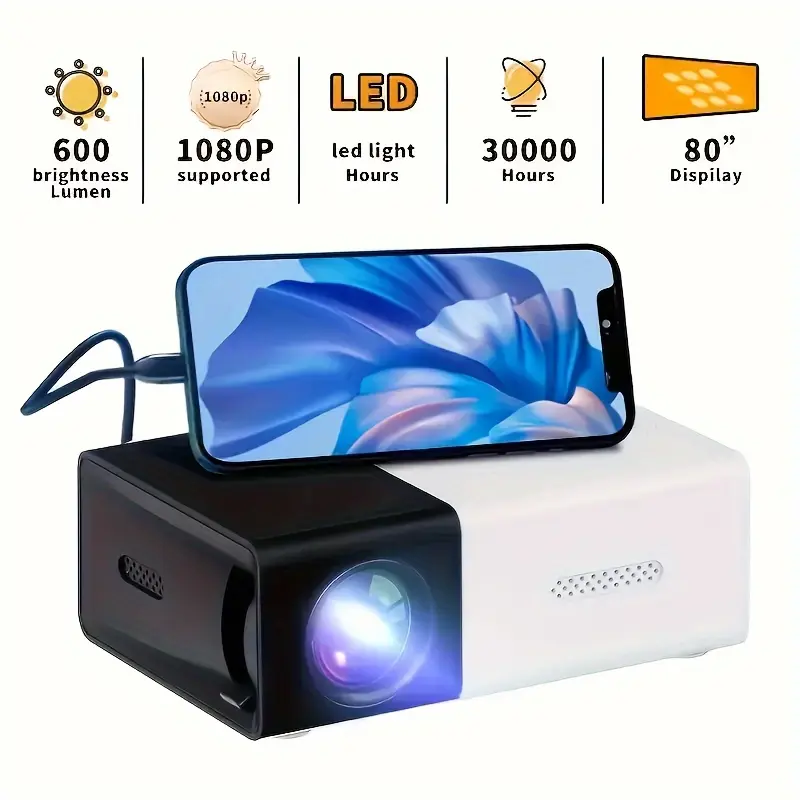 Professional HD Mini Projector with HDMI, USB, SD and Stand - Christmas, Halloween, Thanksgiving Gift - For Home Theater and Outdoor Camping - No Wireless Function, Plug-in Card