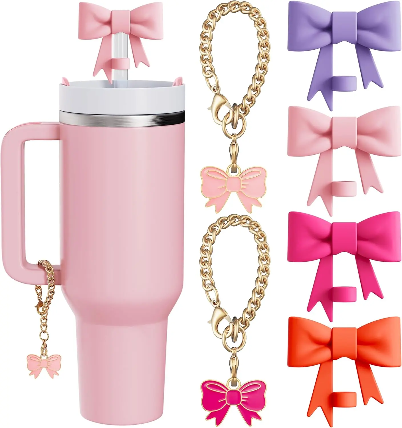 Compatible with Stanley Cup Accessories - 4Pcs 10mm Cute Bow Straw Topper Compatible with Stanley Cup Straw Cover Cap, 2pcs Bow Charms for Stanley 30&40