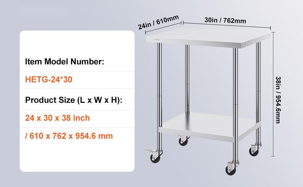 Stainless Steel Work Table With 4 Locking Wheels, 24 X 30 X 38 Inch, Three Adjustable Height Levels, Heavy Duty Food Prep Table For Commercial Kitchen, Restaurant Use, Silver Finish