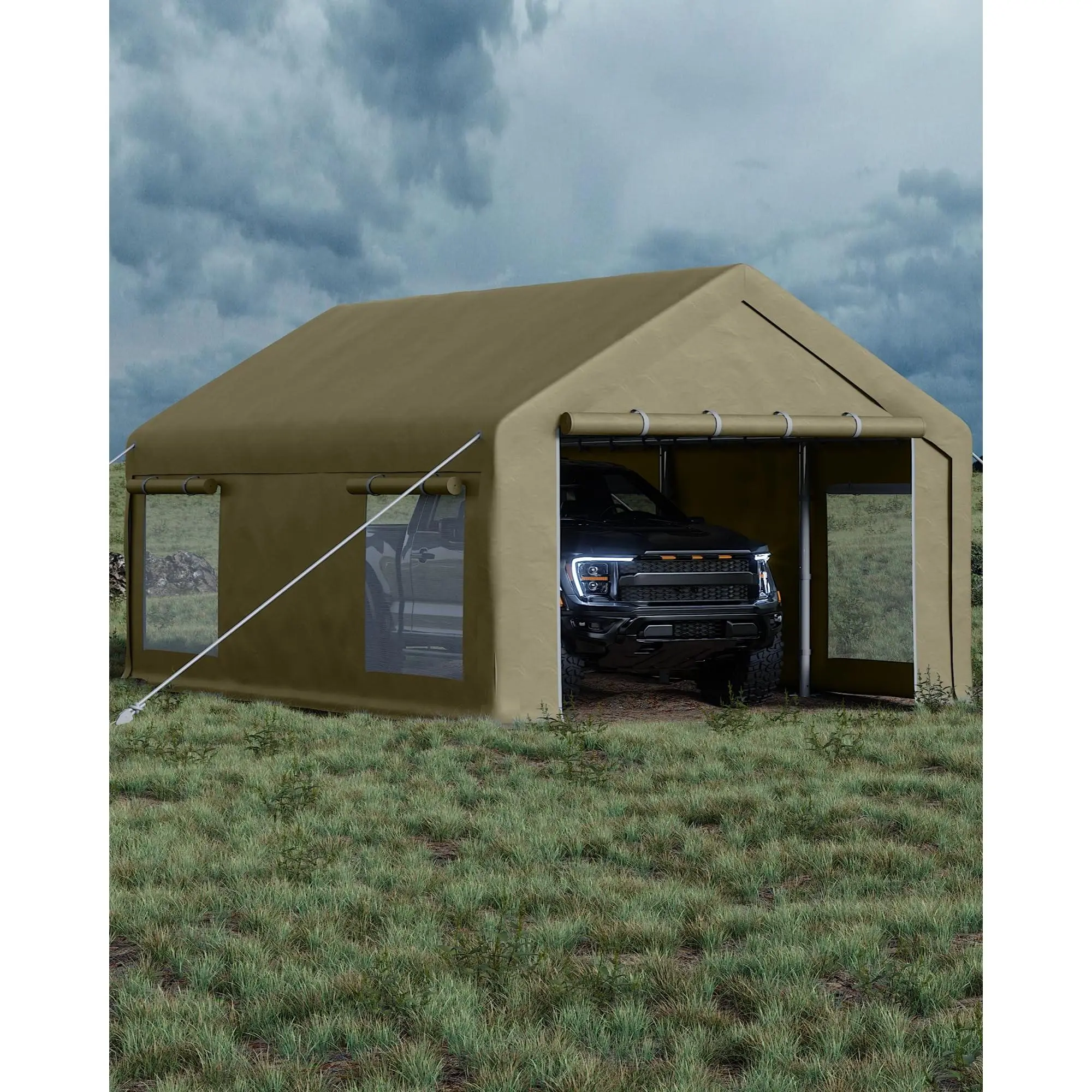 Gaomon Sturdy Galvanized Steel Frame Portable Garage, 12x20 ft Quick-Set Car Port with 200g PE Tarp Canopy, 2 Roll-Up Doors, 4 Windows, Ground Stakes for Tractors, Events, Temporary Storage