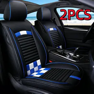 Waterproof Car Seat Protector 2PCS Leather Car Seat Cover Black with Blue Checkered Design Universal Fit for Vehicle Interior