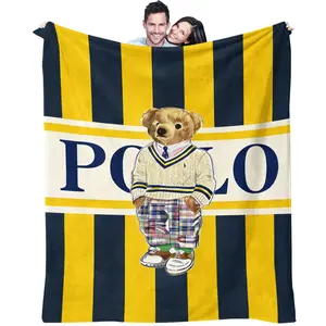 Trendy Striped Bear Throw Blanket, 1 Piece Cozy Plush Fleece Blanket, Preppy Bear Pattern, Lightweight All-Season Use for Home Decor & Gifting, Striped Blankets