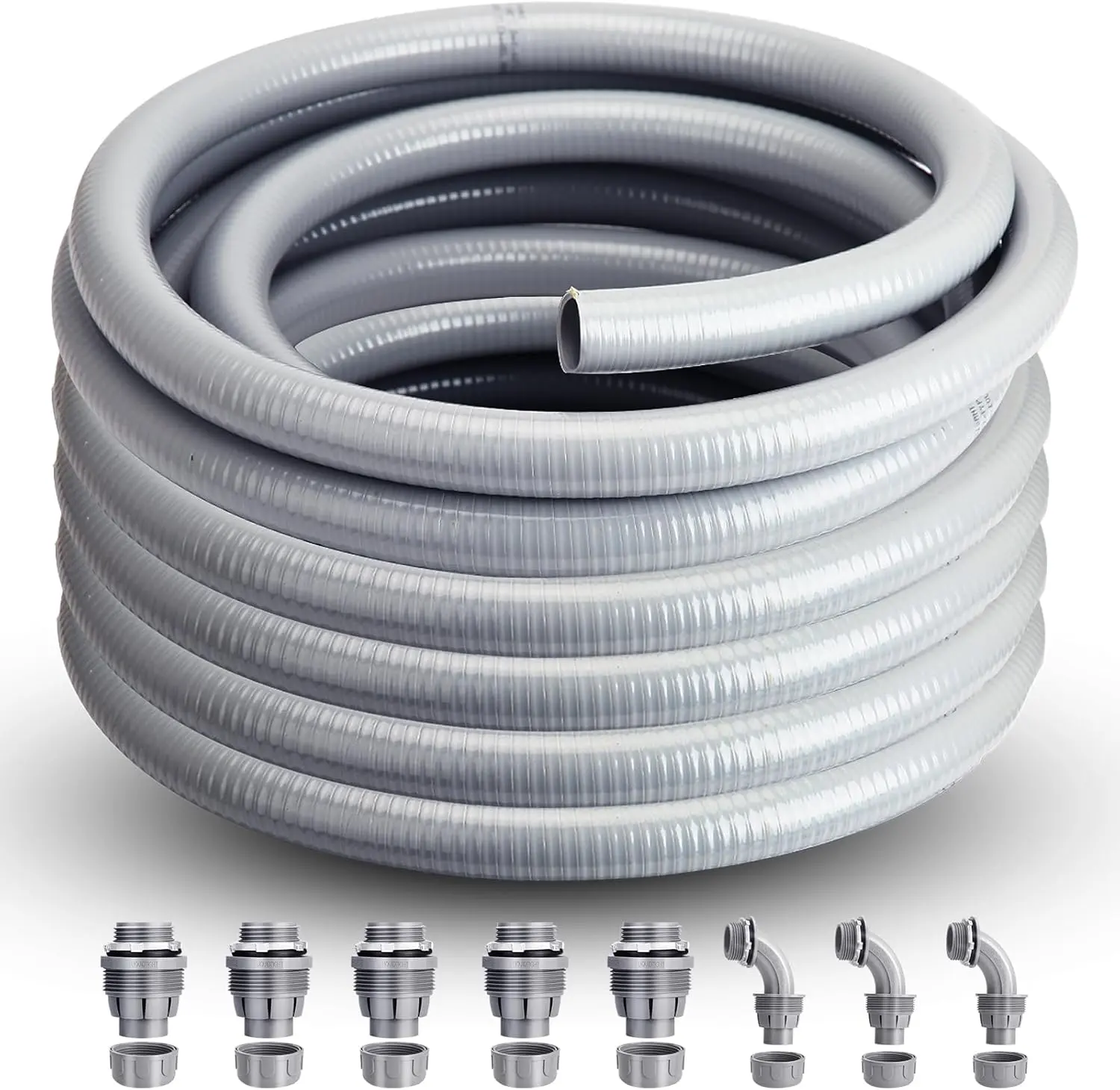 Liquid Tight Conduit 1/2 inch 100FT,Non-Metallic Liquid Tight Flex Conduit and Connector Kit with 5 Straight and 3 90-Degree Conduit Connector Fittings