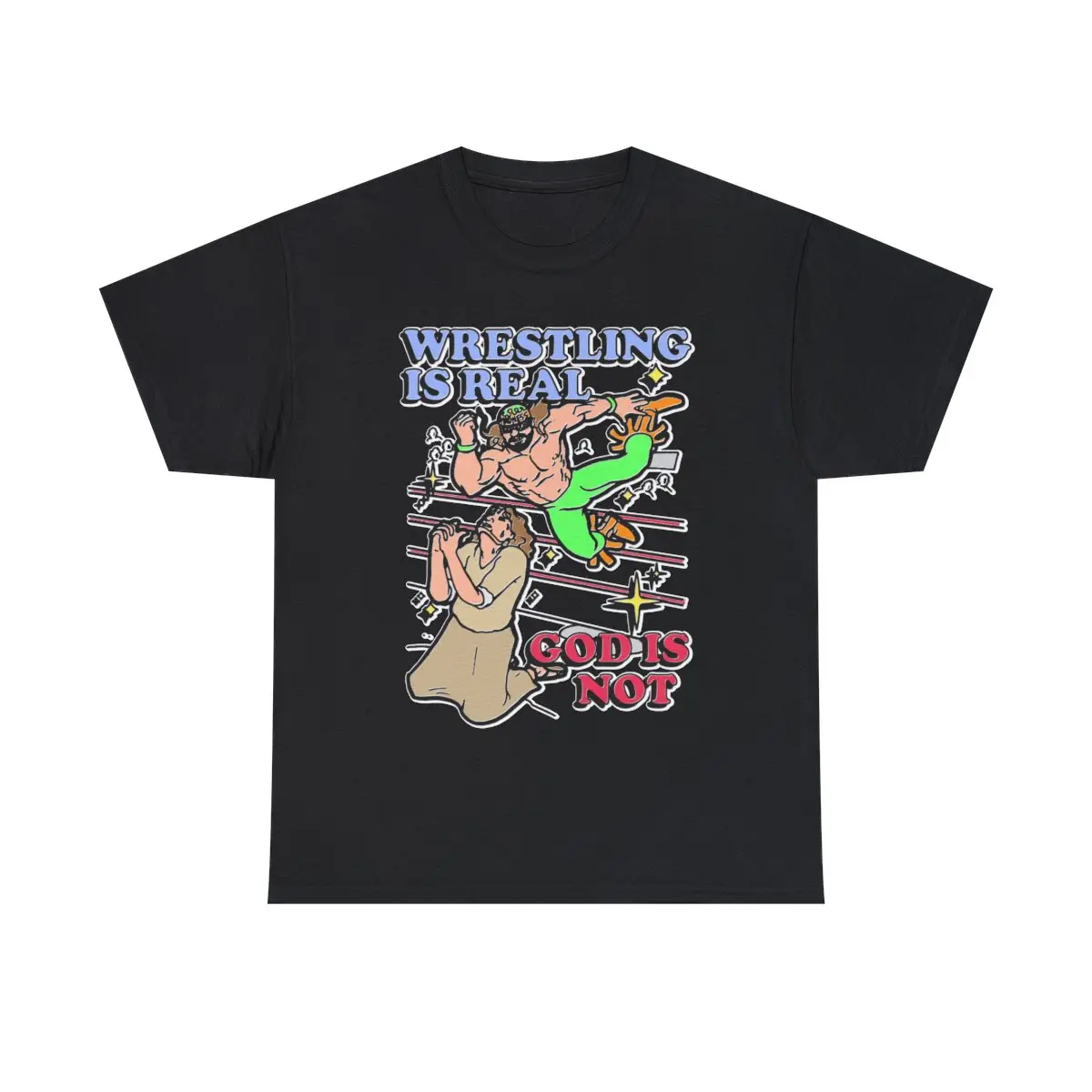 Unisex Classic Round Neck Loose Short-Sleeve Heavy Cotton Flannel T-Shirt - Wrestling-Themed Essential Everyday Top with "Wrestling Is Real God Is Not" Print, Soft, Casual, Comfortable, Breathable Fabric Clothes, Sporty Sports Tops
