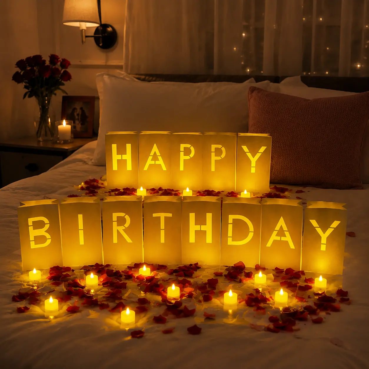 Happy Birthday Light-Up Letters Luminary Paper Bags Kit - Flameless LED Candles, 2000 Artificial Red Roses Bouquet Decorative Lights, Warm Lighting for Birthday, Romance, Outdoor Indoor Home Festive Decor (Back to School Summer Sale Deals)
