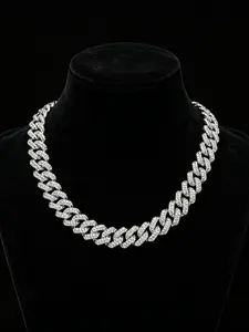 Men's Diamond-Encrusted Cuban Chain Necklace - Gold-Silver Plated Alloy, Hip-Hop Style, Full Diamond Prong Setting, Fashionable Jewelry, Chain for Mens, Suitable for Rappers, Parties