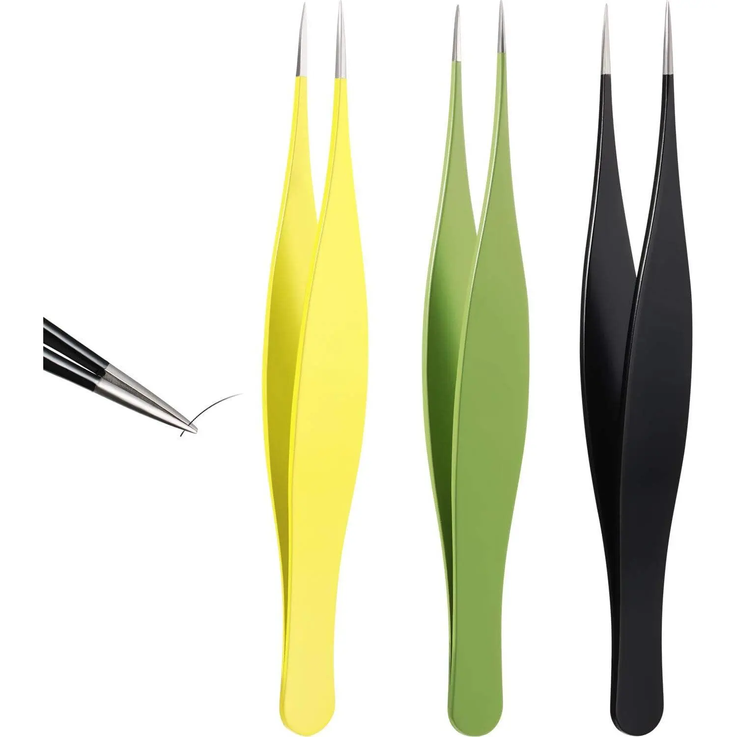 3 Pieces Pointed Tweezers Ingrown Hair Tweezers Precision Needle Nose Pointed Tweezers Stainless Steel Blackhead Remover for Eyebrow Hair, Facial Hair Removal (Black, Yellow, Green)