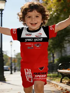 Red, black and white color-blocking design racing suit printed T-shirt, digital printed infant short-sleeve set, casual kids' wear, suitable for daily, outdoor and Athletic sports, 100% polyester