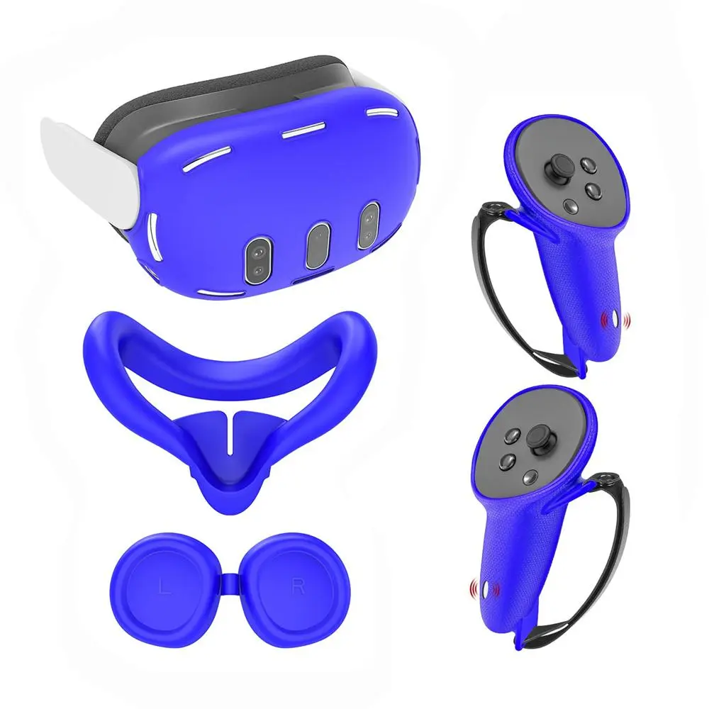 Silicone VR Protective Case Set, VR Accessories for Oculus/Meta Quest 3, Including 1 Headset Cover, 1 Face Cover, 1 Lens Cover & 2 Controller Covers with Knuckle Strap, Vr Devices Accessory