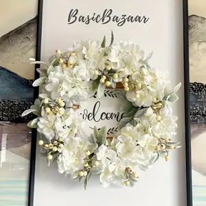 Artificial Door Wreath 20 Inch, Spring/Summer Wreathwith Hydrangeas Lamb's Leaves Berries Welcome Boardfor Holiday Farmhouse Home Indoor Outdoor WeddingParty Wall Window Decor