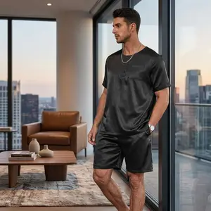 Men's Silk Satin Pajama Set - 2-Piece Menswear Short Sleeve Button-Down Sleepwear with Pockets, Comfortable Breathable Lightweight Loungewear for Nightwear, Home Relaxation