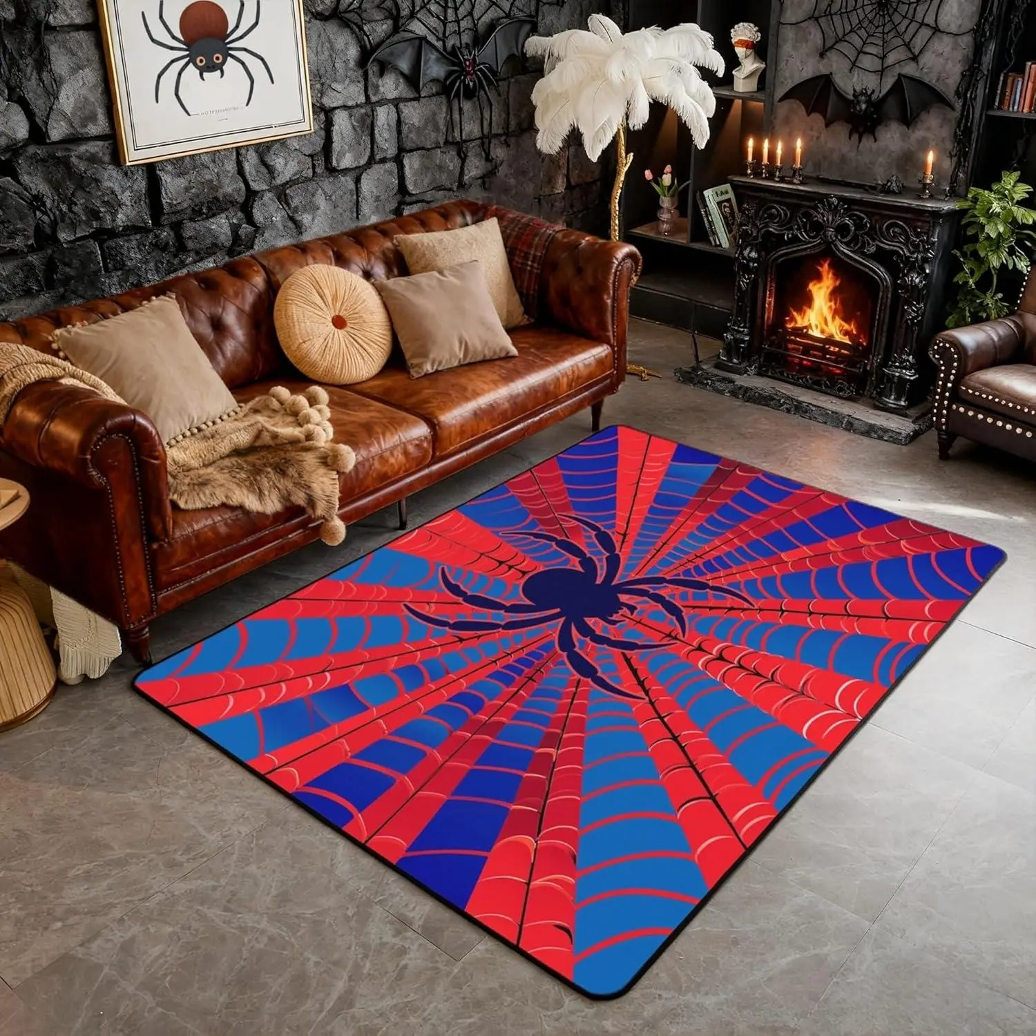 Spider Silhouette Area Rug for Kids,Teens,Adults  - Watercolor Abstract Web Halloween Theme Living Room Decor Non-Slip Rug,Red Blue Print Cartoon Decorative Rug