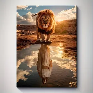 1pc Framed Christian Lion Reflection Art Print – Majestic Lion in Desert Scene with Water Reflection, Vivid Canvas Wall Decor for Home, Living Room, Bedroom, or Office, Office Artwork |   Vintage Style Art |   Quality Canvas Print, Lion Wall Decor