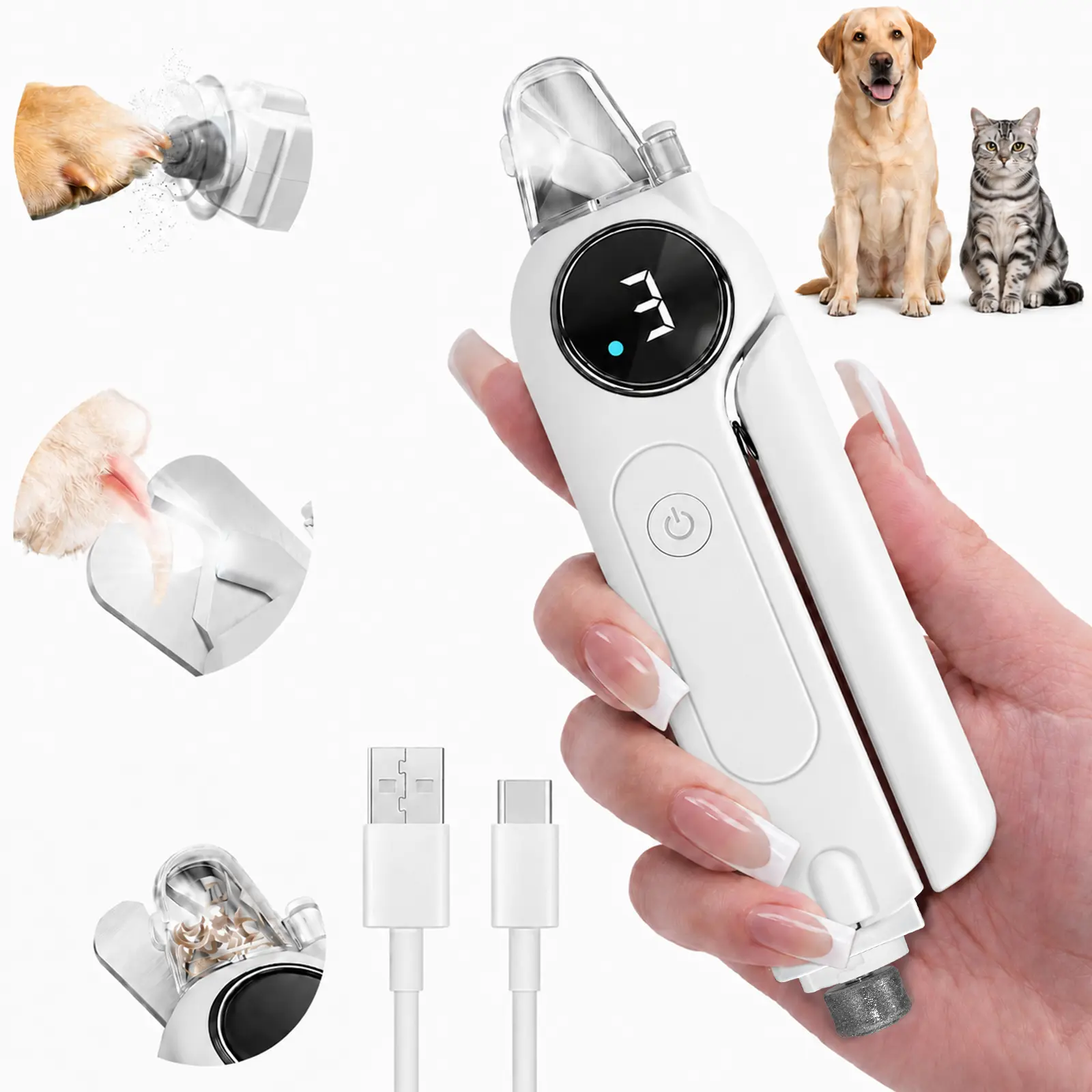 2-in-1 Dog Nail Clippers & Grinder with LED Light, Rechargeable Quiet Pet Nail Trimmer for Dogs & Cats, 3 Speeds, Safety Lock & Splash Guard, White