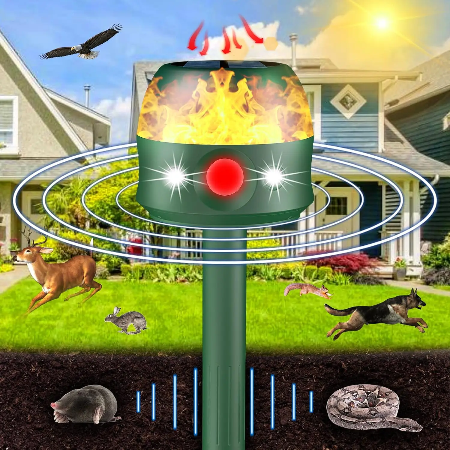 3 Modes Outdoor Ultrasonic Solar Animal Repeller for Yard, Cat Squirrel Repellent with Flashing Light, Motion Sensor, Deterrent for Deer Skunk Dog Snake Gophers for Yard Garden