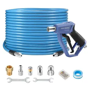 【fathersdaygift】RIDGE WASHER Sewer Jetter Kit for Pressure Washer 100FT, 3600 PSI Drain Cleaning Hose with Short Pressure Washer Gun, 1/4 Inch NPT Corner, Rotating and Button Nose Sewer Jetting Nozzle