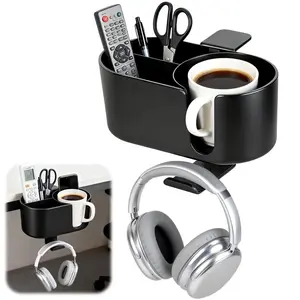 4 in 1 Desk Cup Holder, Clamp on Under Desk Headphone Hanger, Rotating Headphone Holder, Detachable Pen Cup Holder, Desktop Storage for Cup, Phone, Pen, Desk Tidy, Office Desk Accessories