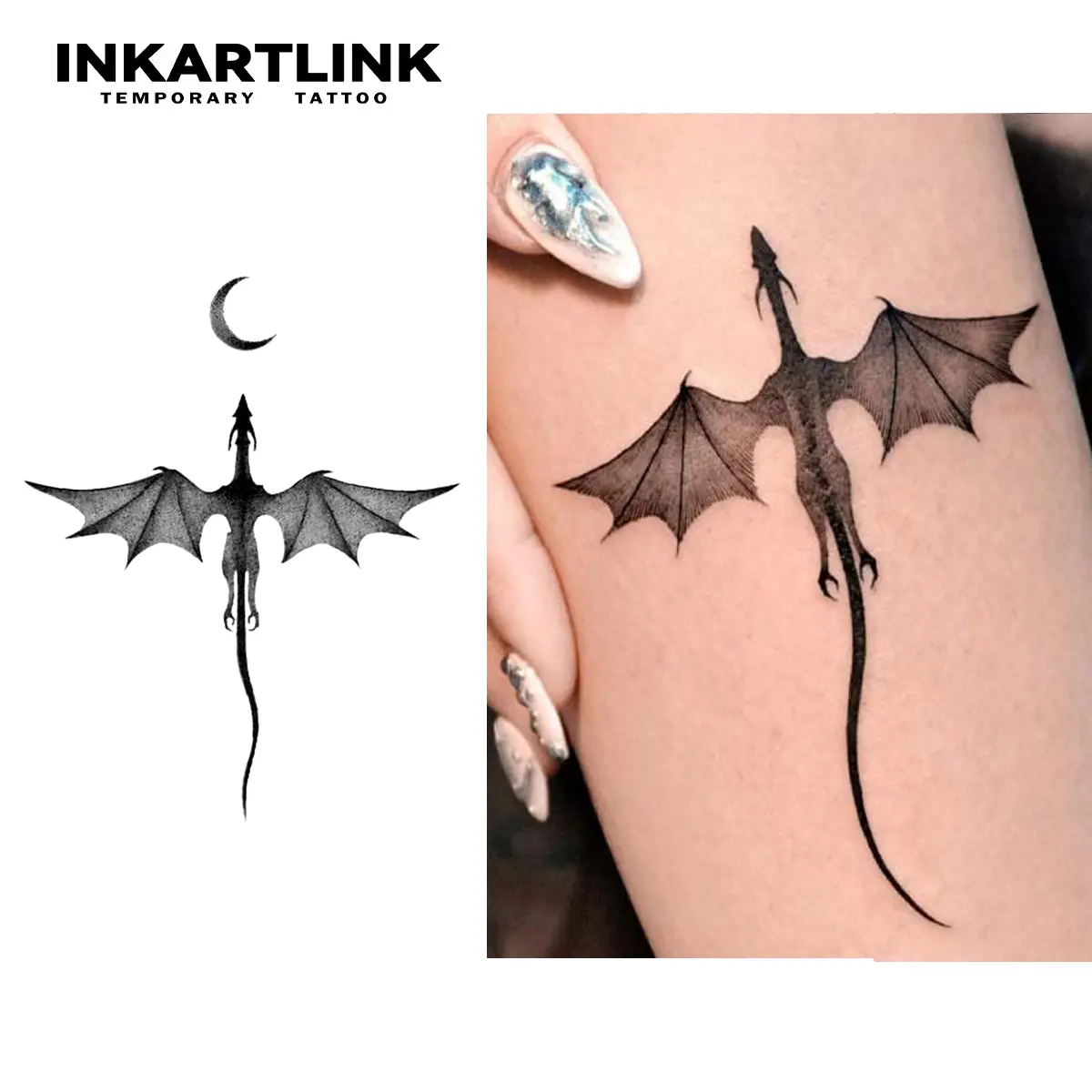 INKARTLINK Dragon Shape Fake Tattoos - 2-Piece Temporary, Waterproof, Long-Lasting Semi-Permanent Body Art Stickers for Adults, All Skin Types, Temporary Tattoos, Single Item