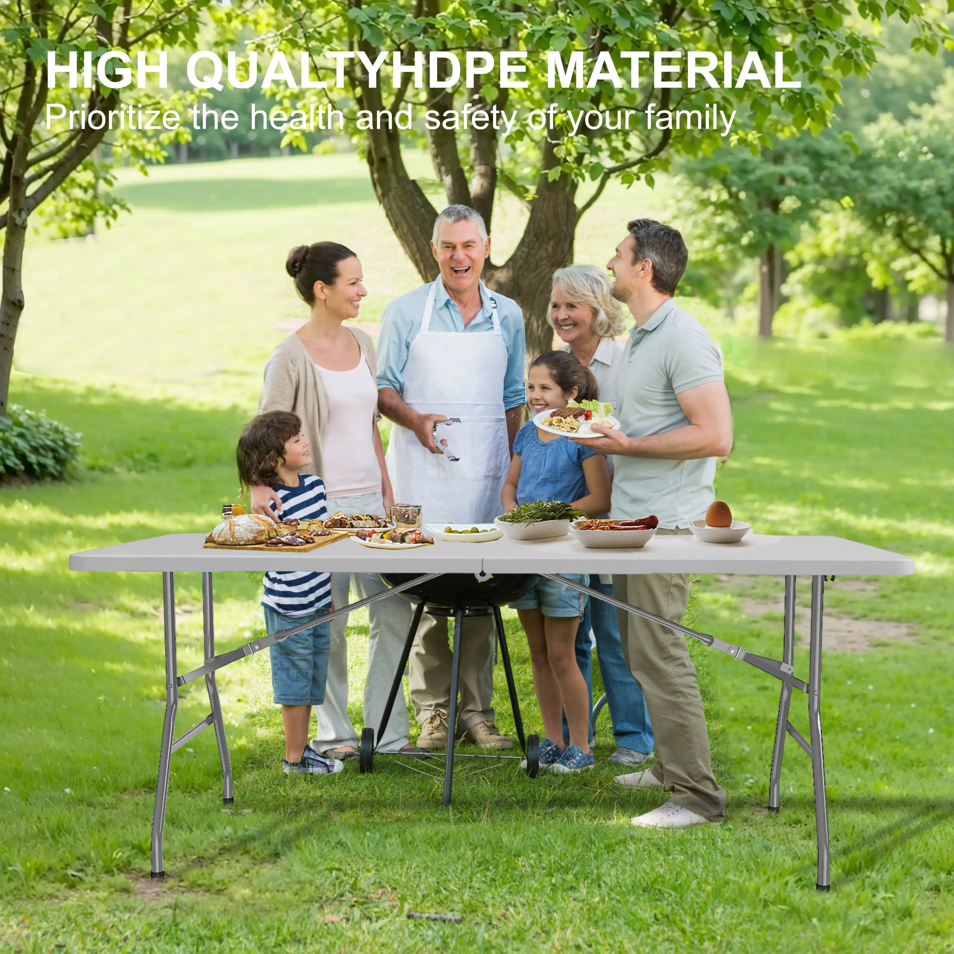6FT Plastic Folding Table, Portable Fold-in-Half Rectangular Dinner Table with Handles, Indoor and Outdoor Picnic Table for Party, Camping, Evening Party, Wedding