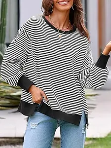 Fisoew Women's Fall Oversized Sweatshirt Casual Waffle Knit Long Sleeve Crewneck Split Pullover Tunic Tops Knitwear Striped Clothes