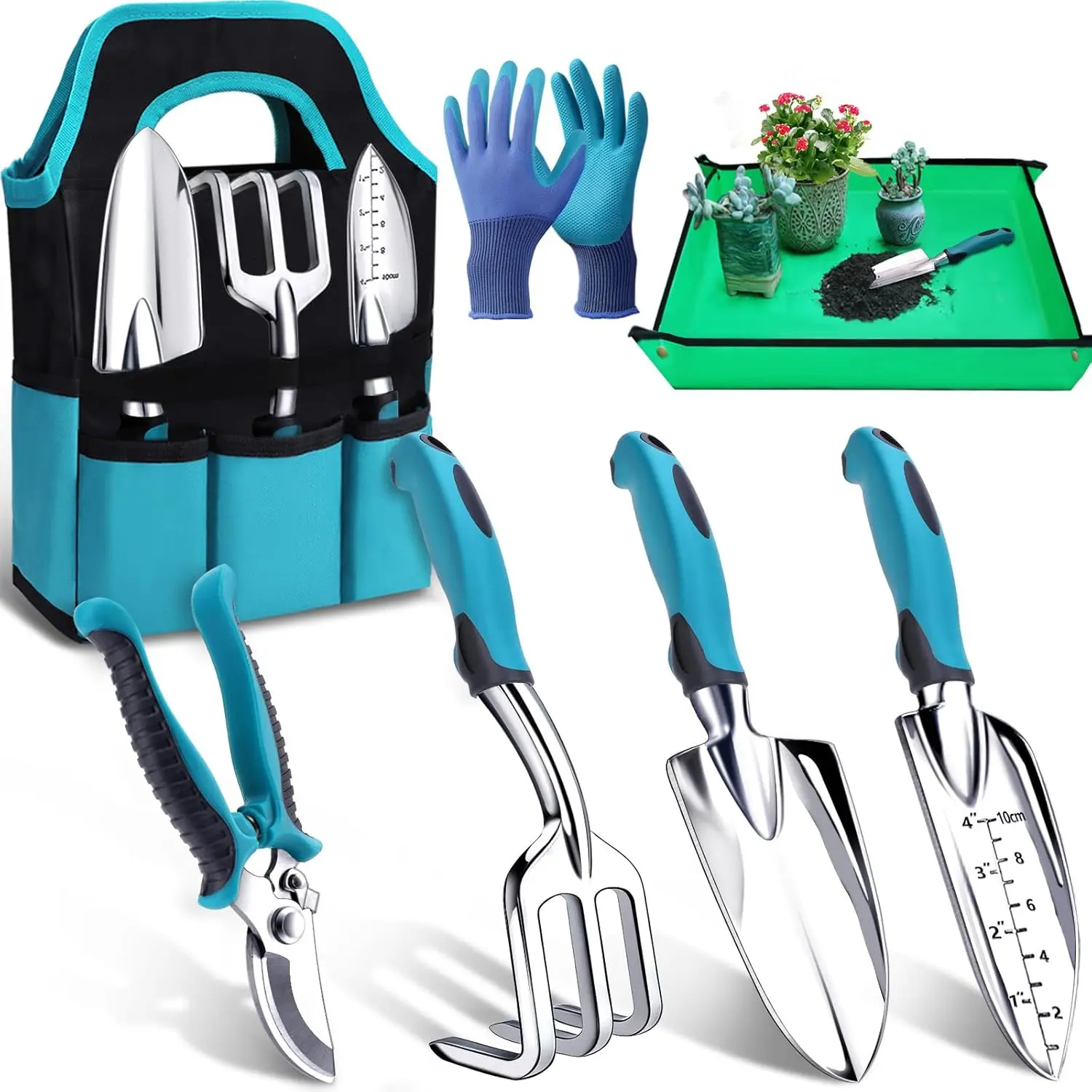 7-Piece Gardening Tools Set, Heavy Duty Garden Tools Kit with Garden Trowel, Garden Hand Shovel, Repotting Mat, Rust Resistant, Gardening Essentials & Supplies, Bag, Gifts Kits for Women