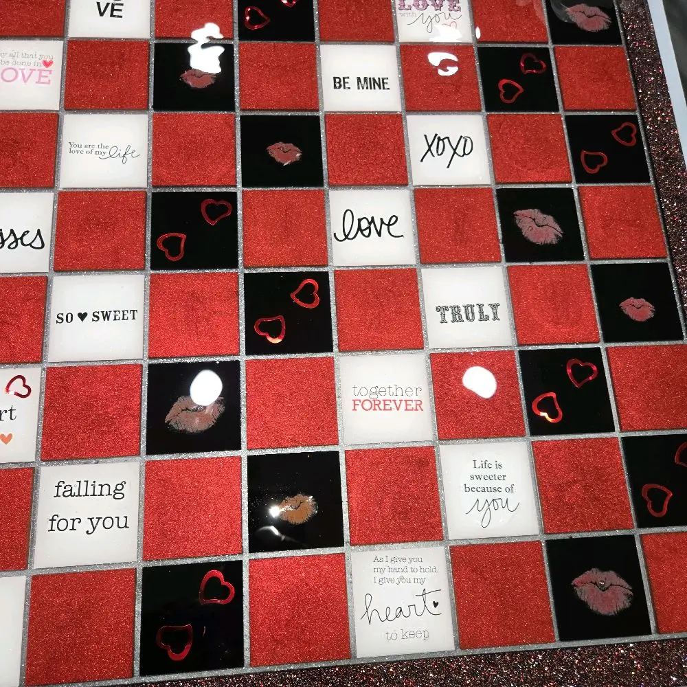 Eternal Checkmate Chess Board Set with Heart Design, Featuring "Forever" and "Love" Motivational Phrases, Red and Black Color Scheme